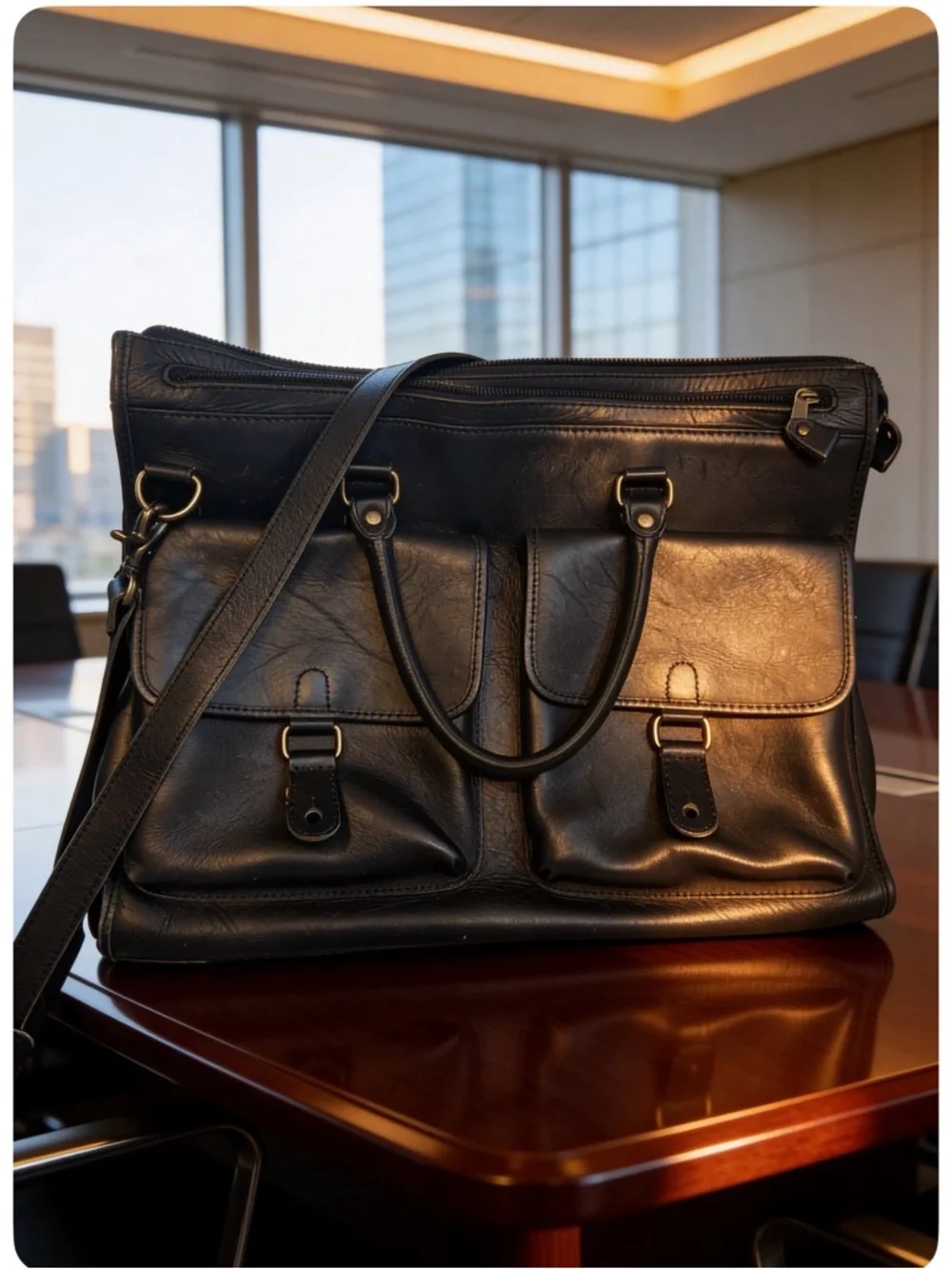 Eddie Bauer vintage Black Leather Briefcase with Dual Front Pockets
